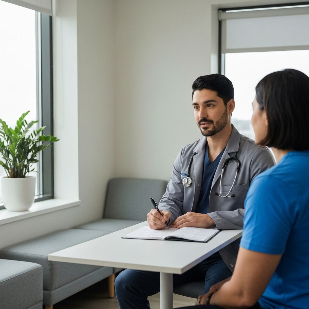 Healthcare provider consulting with patient about medication in office setting