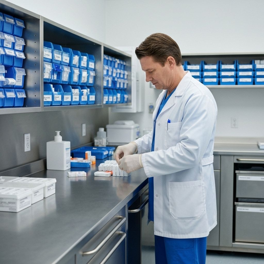 Healthcare professional packaging medication in sterile clinical environment